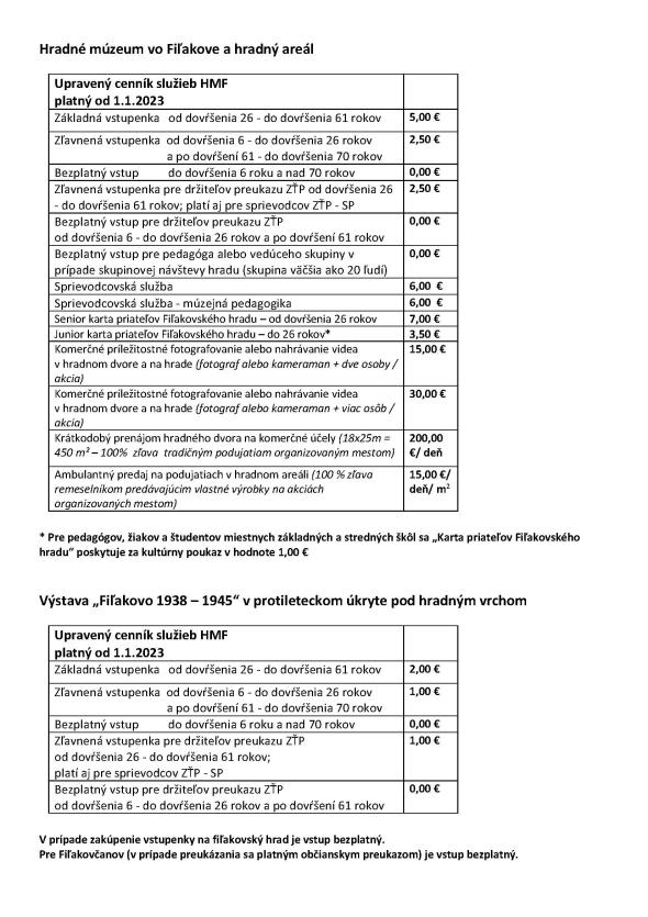 Hradné múzeum vo Fiľakove - vstupné